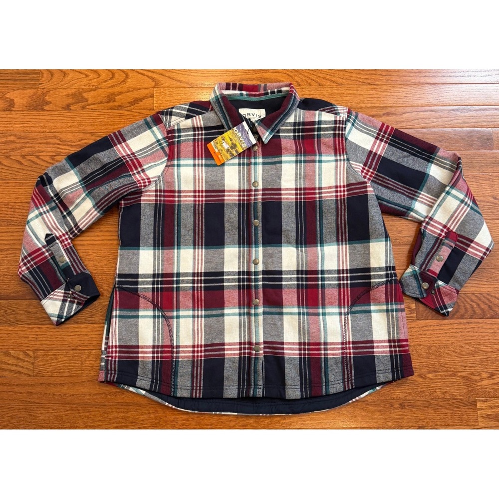 New Orvis Snap Flannel Shirt Jacket Mens 2XL Plaid Fleece Lined Shacket Outdoor